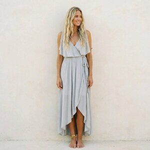 Free people Fiona Maxi Dress Rain Blue Grey color, with beautiful embroidery